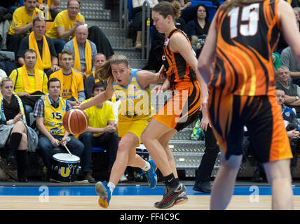 Prague, Czech Republic. 10th Feb, 2016. From left: Katerina Elhotova of USK and Olga Arteshina of Yekaterinburg in action during the Women's European Basketball Cup, 14th final round, group B game USK Praha vs Yekaterinburg in Prague, Czech Republic, on Wednesday, February 10, 2016. Credit:  Michal Kamaryt/CTK Photo/Alamy Live News Stock Photo