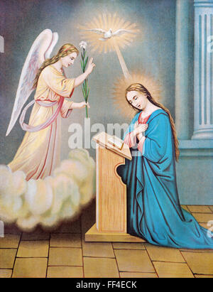 SEBECHLEBY, SLOVAKIA - JULY 27, 2015: Typical catholic image of The Annunciation from Slovakia,19. cent., by unknown artist. Stock Photo