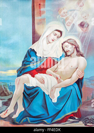 SEBECHLEBY, SLOVAKIA - JULY 27, 2015: Typical catholic image of Pieta from Slovakia from 19. cent. by unknown artist. Stock Photo