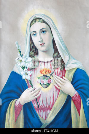 SEBECHLEBY, SLOVAKIA - JULY 27, 2015: Typical catholic image of heart of Virgin Mary from Slovakia, by unknown artist 20th cent. Stock Photo