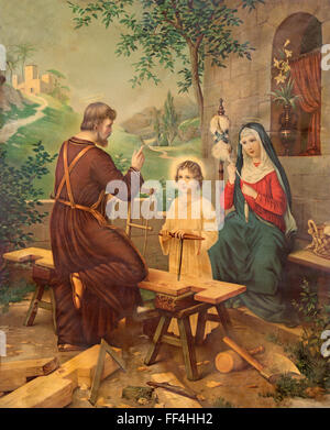 SEBECHLEBY, SLOVAKIA - JULY 27, 2015: Typical old catholic image image of Holy Family, by unknown painter. Stock Photo