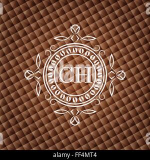 Coffee House. Elegant luxury floral monogram frame template on chocolate brown geometric background Stock Vector