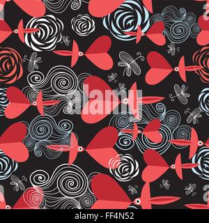 pattern in love birds with hearts Stock Vector