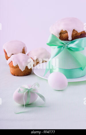 Decorated easter cake and eggs  in mint pastel colours. Selective focus and blurred. Stock Photo