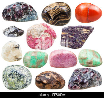 set of natural mineral tumbled gemstones - baryte, barite, garnet, almandine, alunite, serpentine, serpentinite, rhodonite, red Stock Photo