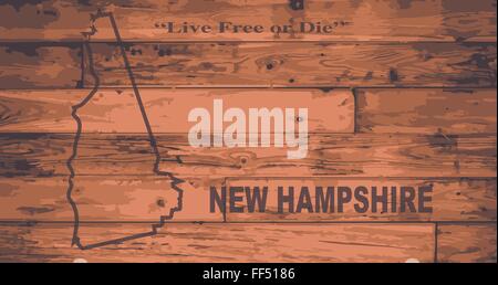 New Hampshire state map brand on wooden boards with map outline and state motto Stock Vector