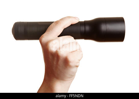 Hand holding a small LED flashlight in profile Stock Photo