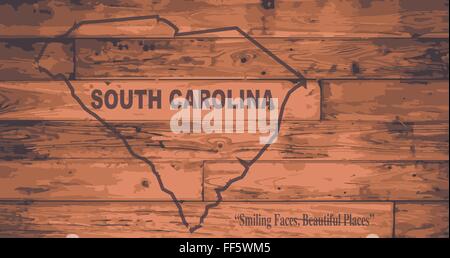 South Carolina state map brand on wooden boards with map outline and state motto Stock Vector