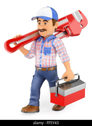 3d working people. Plumber walking with a pipe wrench and toolbox. Isolated white background. Stock Photo