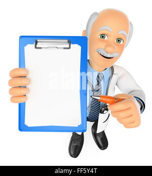 3d medical people. Doctor with blank clipboard and a pen. Isolated white background. Stock Photo