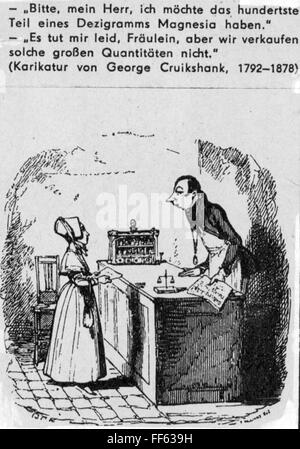 medicine,homeopathy / allopathy,female customer in homeopathic apothecary,drawing by George Cruikshank(1792 - 1878),19th century,19th century,graphic,graphics,caricature,caricatures,humor,humour,satire,half length,standing,customer,customers,buyer,active buyers,pharmacies,drugstore,chemist's shop,drugstores,chemist's shops,drug store,drug stores,apothecary,dispensing chemist,druggist,apothecaries,dispensing chemists,druggists,buying,purchase,buy,purchasing,medicinal drug,medicament,drugs,medication,pill,tablet,pills,t,Additional-Rights-Clearences-Not Available Stock Photo