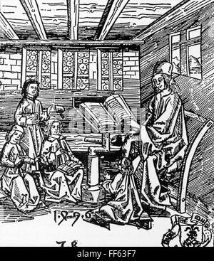 pedagogy, school / lessons / discipline, teacher with pupils, woodcut by master JB, 1496, Additional-Rights-Clearences-Not Available Stock Photo