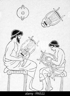 music,musicians,music lessons,teacher and pupil with lyra,Greek vase painting,circa 5th century BC,wood engraving,19th century,lesson,lessons,schooling,schoolings,school,schools,pedagogy,paedagogy,education,musical instrument,musical instruments,stringed instrument,string instrument,stringed instruments,string instruments,plucked instrument,plucked instruments,chordophone,make music,play music,making music,playing music,makes music,plays music,made music,played music,playing,play,furniture,stool,stools,Greece,Greeks,anci,Additional-Rights-Clearences-Not Available Stock Photo