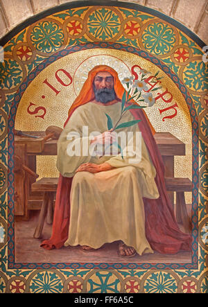 JERUSALEM, ISRAEL - MARCH 5, 2015: The paint of Saint Joseph in st. Stephens church from year 1900 by Joseph Aubert. Stock Photo