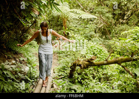 A woman walking carefully across a bamboo bridge in the jungle. Stock Photo