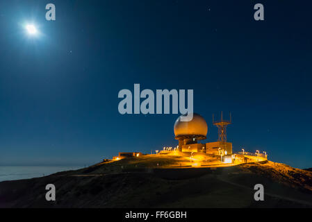 Illuminated radar station on the peak of Mount Pico Arieiro on Madeira island at night with full moon Stock Photo