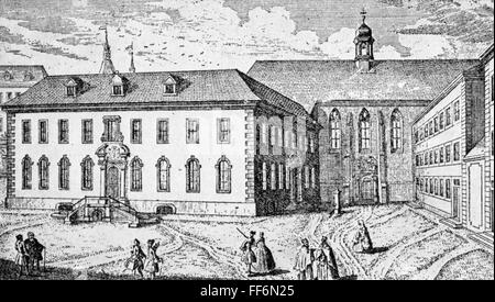 geography / travel, Germany, Göttingen, buildings, university, exterior view, oldest collegiate building, copper engraving by Georg Daniel Heumann (1691 - 1759), circa 1758, Artist's Copyright has not to be cleared Stock Photo