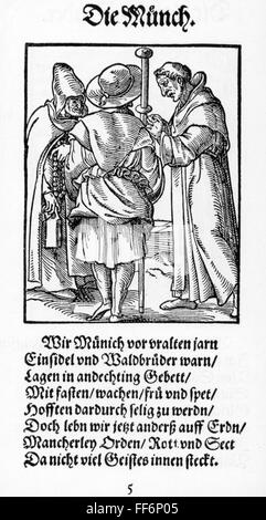 religion, pilgrimage, pilgrims on the way to Santiago de Compostela, woodcut, 'Staendebuch' by Jost Amman, Frankfurt on the Main, 1568, with verse by Hans Sachs, Additional-Rights-Clearences-Not Available Stock Photo