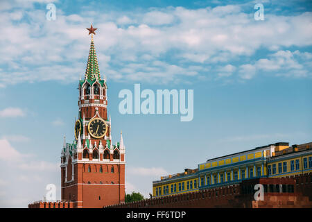 Detail of Spasskaya Tower of Kremlin on Red Square in Moscow, Russia Stock Photo
