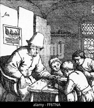 pedagogy, school / lessons / discipline, Dutch country school, copper engraving by Adriaen van Ostade (1610 - 1685), 17th century, 17th century, graphic, graphics, classroom, class-room, classrooms, class-rooms, form, school class, tutor group, forms, school classes, tutor groups, school lessons, half length, sitting, sit, teach, teaching, teaches, taught, learning, learn, pupil, student, pupils, students, preservice teacher, pedagogue, pedagog, pedagogues, pedagogs, educator, teacher, educators, teachers, occupation, occupations, table, tables, headpi, Artist's Copyright has not to be cleared Stock Photo