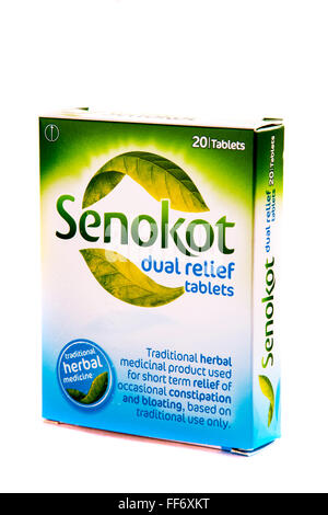 Senokot herbal medicine constipation bloating relief tablets box medicinal cutout cut out white background isolated Stock Photo