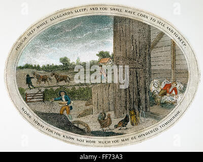 POOR RICHARD ILLUSTRATED. /nPanel from a color engraving, c1800, for Benjamin Franklin's publication, with the motto 'Plough Deep While Sluggards Sleep; and You Shall Have Corn to Sell and to Keep.' Stock Photo