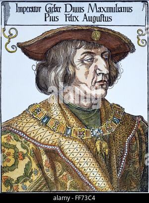 MAXIMILIAN I (1459-1519). /nHoly Roman Emperor, 1493-1519. Color woodcut, 1519, by Albrecht Durer. Stock Photo