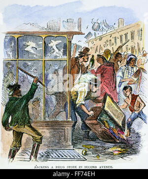 NEW YORK: DRAFT RIOTS 1863. /nThe mob sacking a drug store on Second Avenue during the New York City Draft Riots of 13-16 July 1863: contemporary colored engraving. Stock Photo