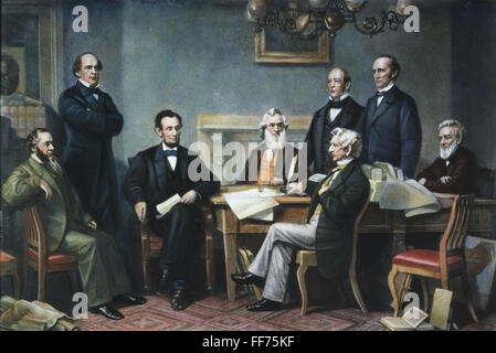 EMANCIPATION PROCLAMATION. /nThe first reading of the Emancipation Proclamation before Abraham Lincoln's cabinet in 1862; standing left to right: Salmon P. Chase, Caleb B. Smith, Montgomery Blair; seated left to right: Edwin M. Stanton, President Lincoln, Stock Photo