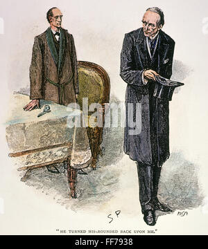 DOYLE: SHERLOCK HOLMES. /nSherlock Holmes (left) concludes an interview with the 'Napoleon of crime', Professor Moriarty. Wood engraving after a drawing by Sidney Paget for Sir Arthur Conan Doyle's 'The Adventure of the Final Problem,' 1893. Stock Photo