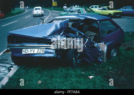 transport / transportation,car,accident,crash near Helmstadt,B 292,Germany,circa 1980,1980s,80s,20th century,historic,historical,car accident,motor vehicle accident,car accidents,motor vehicle accidents,motor vehicle accident resulting in death,multi-vehicle accident,car crash,car crashes,road accident,traffic accident,road accidents,traffic accidents,hit-and-run accident,cause a road accident resulting in death,,wreck,wrack,wrecks,car body damage,fender-bender,total loss,total losses,actual total loss,total loss,automobile,,Additional-Rights-Clearences-Not Available Stock Photo