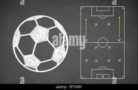 Soccer ball and tactical scheme on chalkboard. Stock Photo