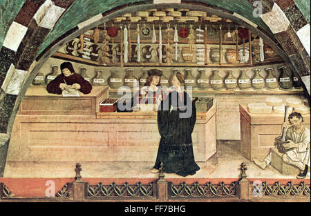 medicine,pharmacy,pharmacy,salesroom,fresco,circa 16th century,Issogene Castle,Aosta Valley,15th century,16th century,Italy,Middle Ages,medieval,mediaeval,occupation,occupations,apothecary,dispensing chemist,druggist,apothecaries,dispensing chemists,druggists,half length,standing,bar,bars,vessel,vessels,customer,customers,pharmaceutics,pharmacology,pharmacist,pharmacists,business,commerce,trade,economy,mural painting,wall painting,murals,mural paintings,wall paintings,wallpainting,wallpaintings,art of painting,fine ,Additional-Rights-Clearences-Not Available Stock Photo