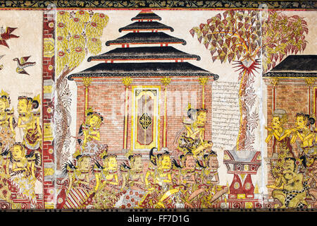 Traditional Kamasan paintings, Kertha Gosa pavilion  in Puri Semarapura Palace, Klungkung, Bali, Indonesia Stock Photo