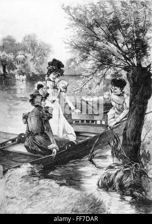 fashion,early 20th century / turn of the century,fashionably dreassed ladies on boat trip,after drawing by Konrad Egersdörfer(1868 - 1914),1898,wood engraving,circa 1900,19th century,graphic,graphics,ladies' fashion,clothes,outfit,outfits,dresses,reform dress,hat,hats,fashion for women,women's clothing,headpiece,headpieces,half length,sitting,sit,boats,rowboat,rowing boat,rowboats,lake,lakes,tree,trees,willow,willows,leisure time,free time,spare time,at the turn of the 19th / 20th century,boat trip,boat trips,historic,,Additional-Rights-Clearences-Not Available Stock Photo