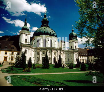geography / travel, Germany, Bavaria, Ettal, monastery, Benedictine abbey, founded: 1330, modificated: 1709-1752 by Enrico Zuccalli and Joseph Schmutzer, basilica, exterior view, circa 1980, Additional-Rights-Clearences-Not Available Stock Photo