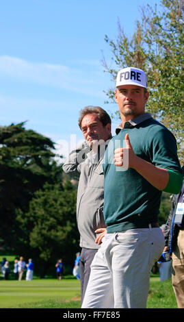 Pebble Beach, California, USA. 10th Feb, 2016. Pebble Beach Golf Links, Carmel, CA USA Josh Duhamel chats with Huey Lewis in the Celebrity Challenge prior to The AT&T PGA Golf Tour event at Pebble Beach Credit:  Motofoto/Alamy Live News Stock Photo