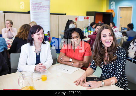 Her Royal Highness The Duchess of Cambridge chatting to parents and staff at Brookhill Children’s Centre.  A Home-Start project that offers support to children and families. London, UK. Stock Photo