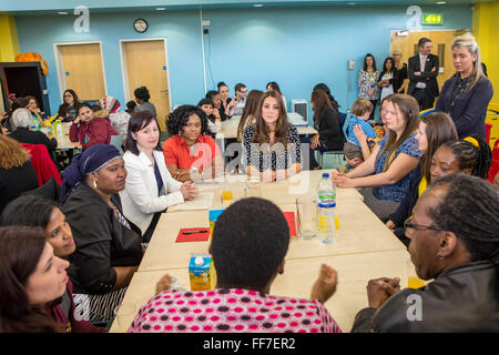 Her Royal Highness The Duchess of Cambridge chatting to parents and staff at Brookhill Children’s Centre.  A Home-Start project that offers support to children and families. London, UK.