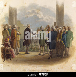 WASHINGTON: INAUGURATION. /nThe inauguration of George Washington as the first president of the United States at Federal Hall, New York City, on 30 April 1789: colored engraving, 19th century. Stock Photo