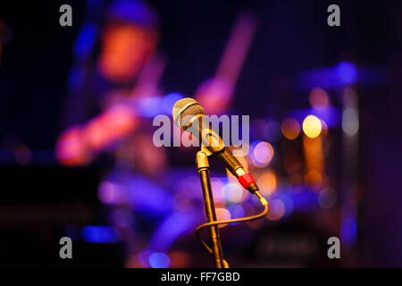 Microphone close up in a smoke during a concert Stock Photo