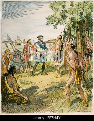 JACQUES CARTIER (1491-1557). /nFrench sailor and explorer. Cartier with his men meeting with the Hurons and Iroquois of the St. Lawrence River in 1535. Illustration by C.W. Jefferys.