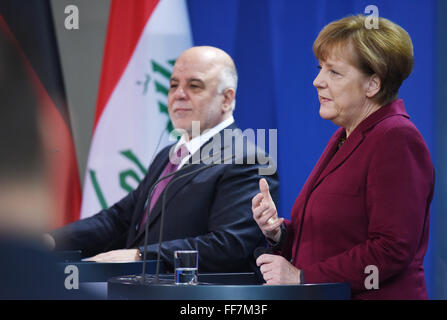 Berlin, Germany. 11th Feb, 2016. German Chancellor Angela Merkel (CDU)  and Iraqi Prime Minister Haider al-Abadi (L)  speak during a press conference at the chancellery in Berlin, Germany, 11 February 2016. Credit:  dpa picture alliance/Alamy Live News Stock Photo