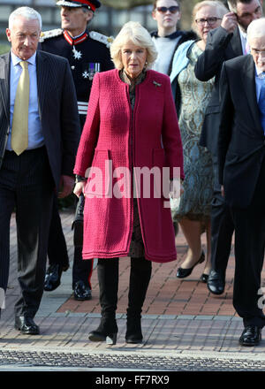 Southampton, Hampshire, UK. 11th February 2016. HRH The Duchess of Cornwall arriving at the Southampton University she is visiting today to collect an honorary degree in recognition of her work on osteoporosis The Duchess of Cornwall has been President of the National Osteoporosis Society (NOS) since 2001 and was the Society's Patron between 1997 and 2001. The NOS works to improve the prevention, diagnosis and treatment of osteoporosis. The Duchess lost both her mother and grandmother to the disease. Credit:  uknip/Alamy Live News Stock Photo