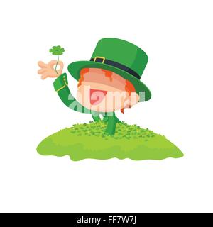 Vector illustration of Lucky Leprechaun Found a Four-Leaf Clover in Clover Field for St. Patrick's Day Stock Vector