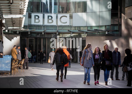 People arriving at  BBC Broadcasting House. Central London, UK. Stock Photo