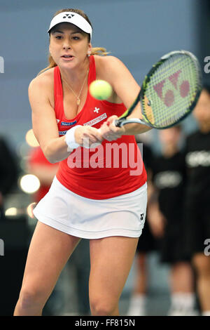 Leipzig, Germany. 07th Feb, 2016. Switzerland's Belinda Bencic in action against Germany's Angelique Kerber (not pictured) at the the Fed Cup tennis quarterfinal between Germany and Switzerland in Leipzig, Germany, 07 February 2016. © Action Plus Sports/Alamy Live News Stock Photo