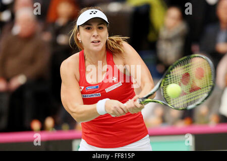 Leipzig, Germany. 07th Feb, 2016. Switzerland's Belinda Bencic in action against Germany's Angelique Kerber (not pictured) at the the Fed Cup tennis quarterfinal between Germany and Switzerland in Leipzig, Germany, 07 February 2016. © Action Plus Sports/Alamy Live News Stock Photo