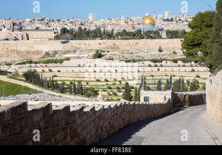 Jerusalem - Outlook from Mount of Olives to old city with the Dom of Rock, church of Redeemer, Basilica of Holy Sepulchre, etc. Stock Photo