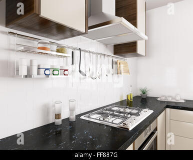 Modern kitchen with black granite counter,gas stove, hood,utensils, interior 3d rendering Stock Photo